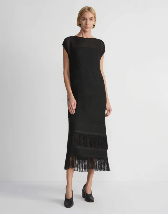 Burlap Jacquard Linen Viscose-Silk Fringed Dress