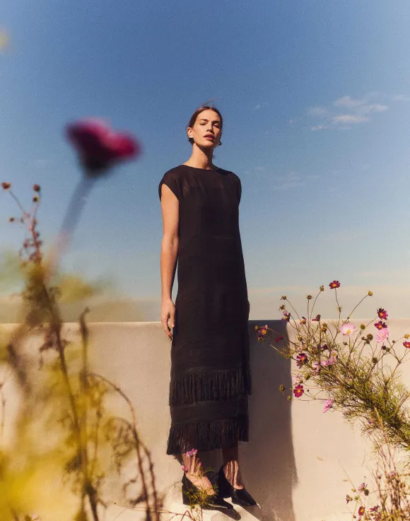 Burlap Jacquard Linen Viscose-Silk Fringed Dress