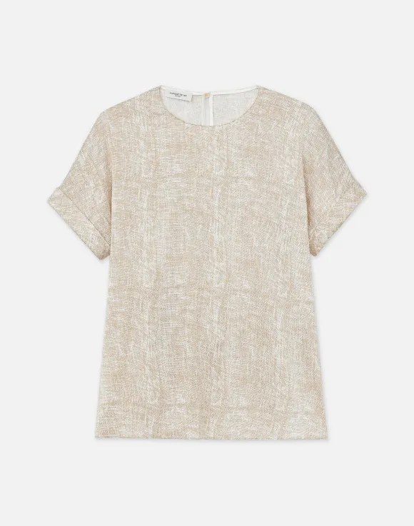Burlap Print Crinkle Stretch Silk T-Shirt Blouse