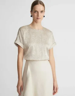 Burlap Print Crinkle Stretch Silk T-Shirt Blouse