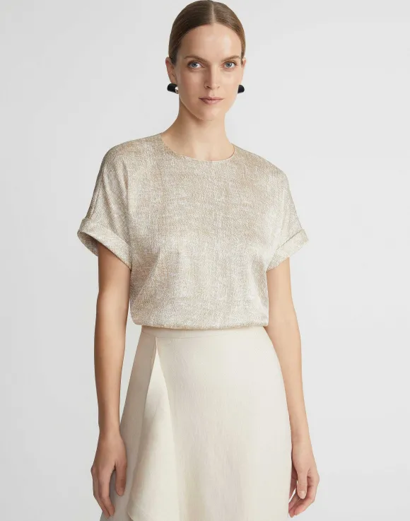 Burlap Print Crinkle Stretch Silk T-Shirt Blouse