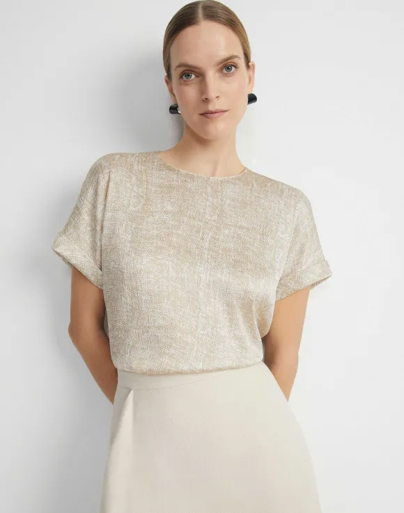 Burlap Print Crinkle Stretch Silk T-Shirt Blouse