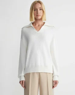 Cotton-Silk Tape Collared Sweater