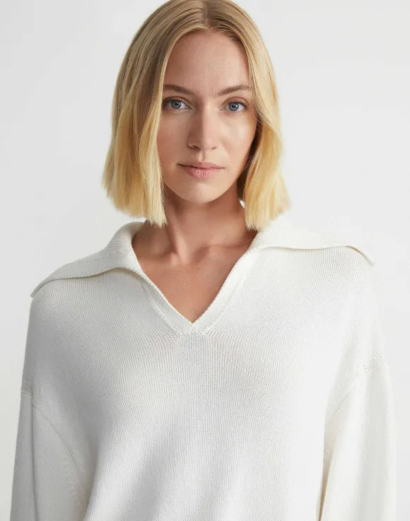 Cotton-Silk Tape Collared Sweater