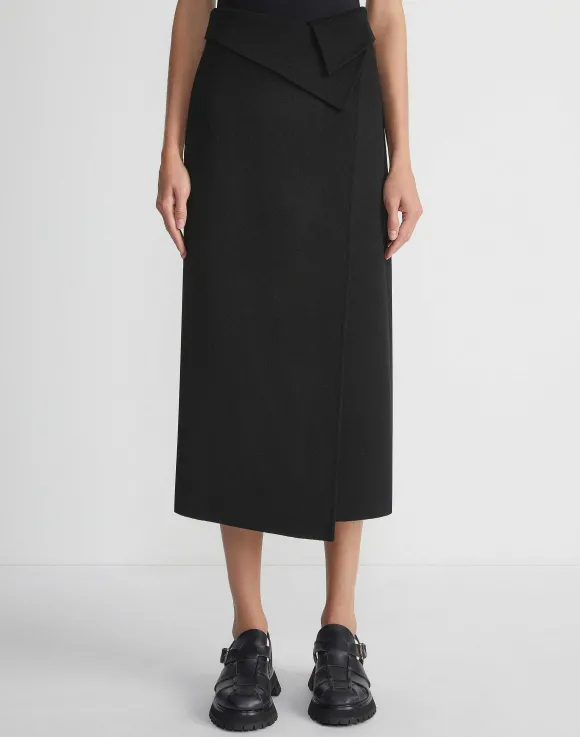 Double Face Wool-Cashmere Foldover Midi Skirt