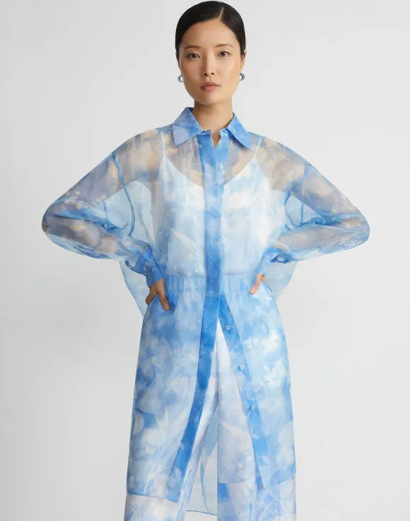 Eco Flora Print Silk Organza Oversized Tunic Blouse