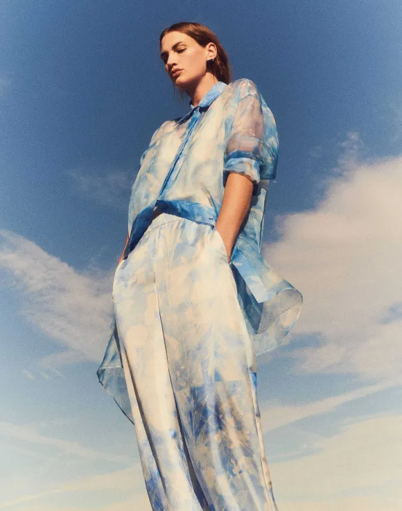 Eco Flora Print Silk Organza Oversized Tunic Blouse