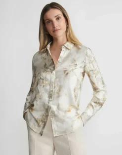 Eco Leaves Print Silk Twill Buttoned Blouse
