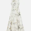 Eco Leaves Print Silk-Linen Bateau Gown