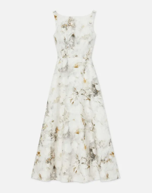 Eco Leaves Print Silk-Linen Bateau Gown