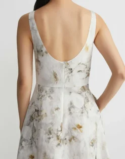 Eco Leaves Print Silk-Linen Bateau Gown