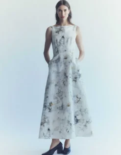 Eco Leaves Print Silk-Linen Bateau Gown