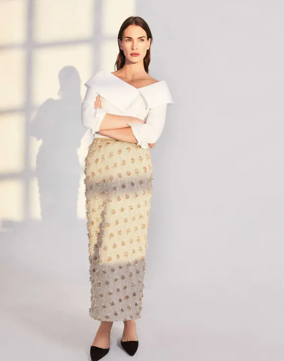 Fringed Dot Jacquard Pencil Skirt