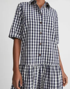 Gingham Crinkle Cotton-Linen Drop Waist Shirtdress