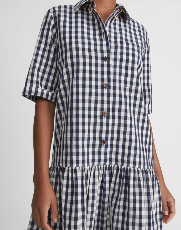 Gingham Crinkle Cotton-Linen Drop Waist Shirtdress