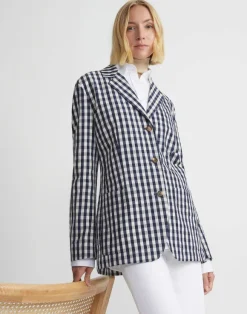 Gingham Crinkle Cotton-Linen Three Button Blazer