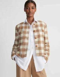 Gingham Wool Collarless Buttoned Jacket