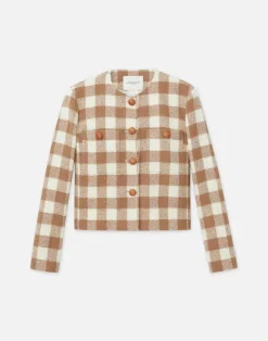 Gingham Wool Collarless Buttoned Jacket