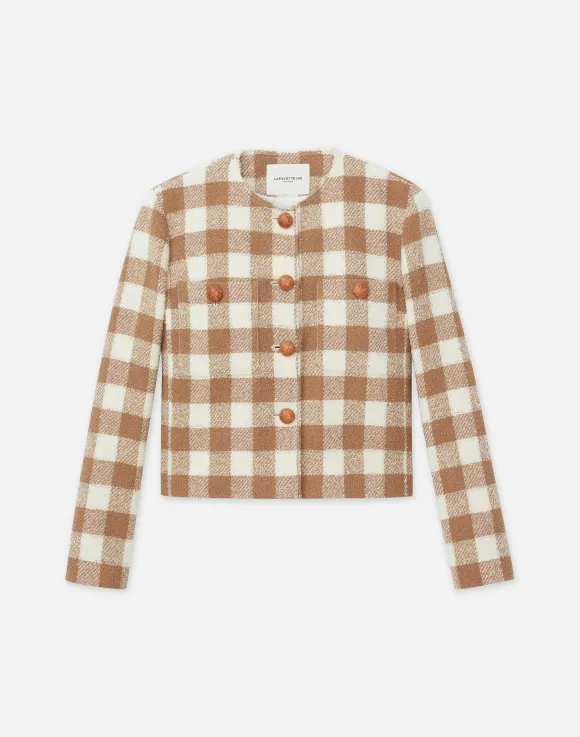 Gingham Wool Collarless Buttoned Jacket