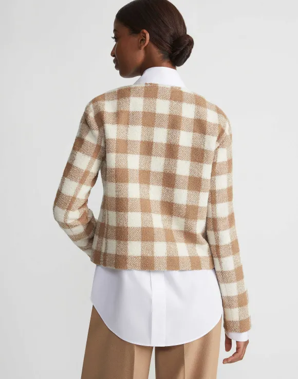 Gingham Wool Collarless Buttoned Jacket