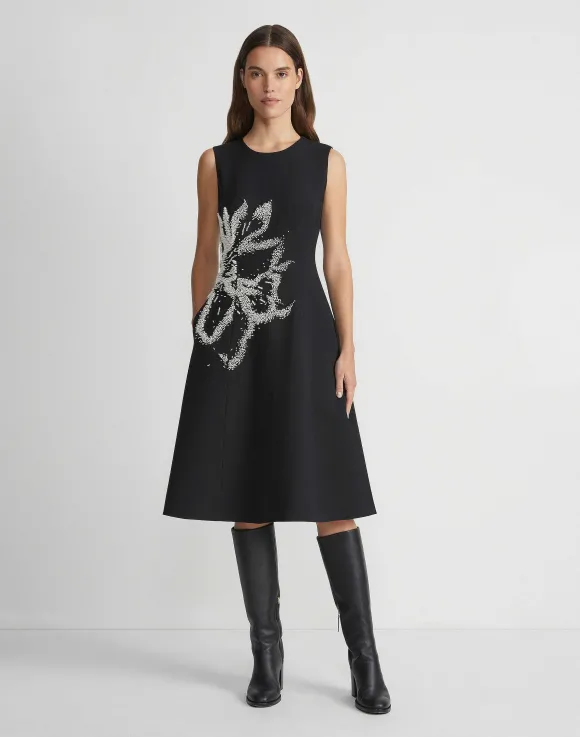 Hand-Beaded Rose Wool-Silk Crepe Sleeveless Dress