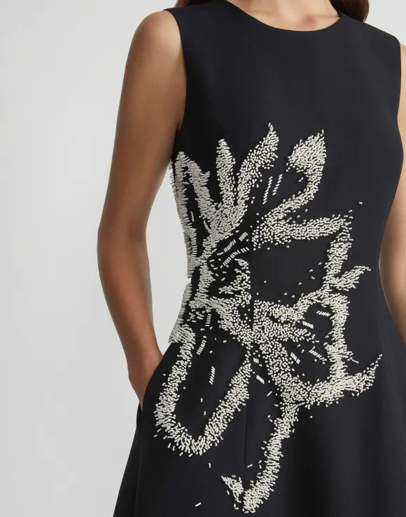 Hand-Beaded Rose Wool-Silk Crepe Sleeveless Dress