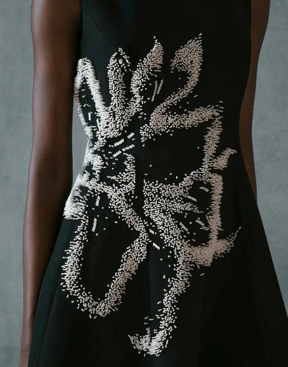 Hand-Beaded Rose Wool-Silk Crepe Sleeveless Dress