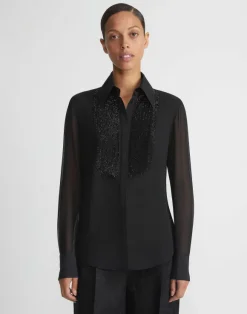Hand-Beaded Silk Georgette Pintuck Blouse