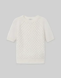 Hand-Embellished Cashmere Lace Stitch Short Sleeve Sweater