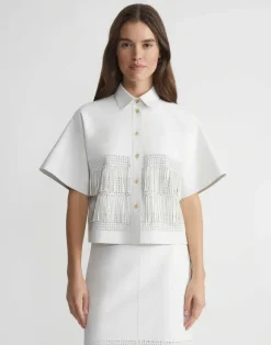 Lambskin Leather Hand Basketweave Fringed Shirt Jacket