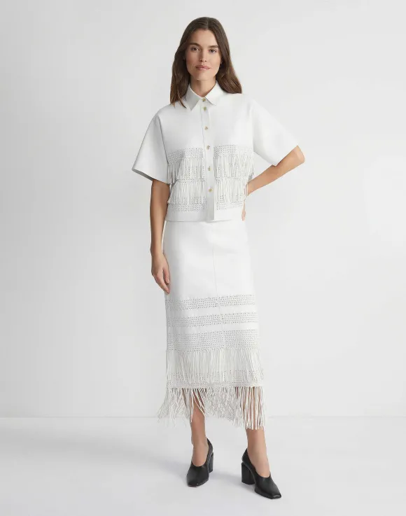 Lambskin Leather Hand Basketweave Fringed Skirt