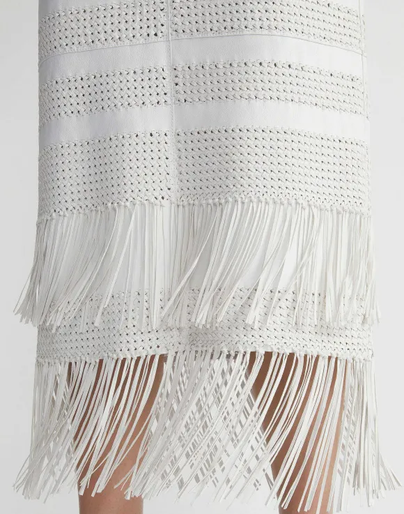 Lambskin Leather Hand Basketweave Fringed Skirt
