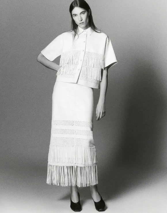Lambskin Leather Hand Basketweave Fringed Skirt