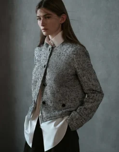 Linen-Cotton Boucl Tweed Collarless Buttoned Jacket