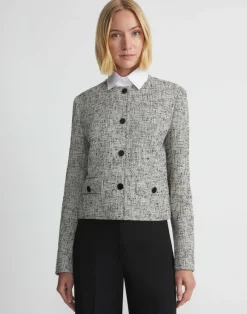 Linen-Cotton Boucl Tweed Collarless Buttoned Jacket