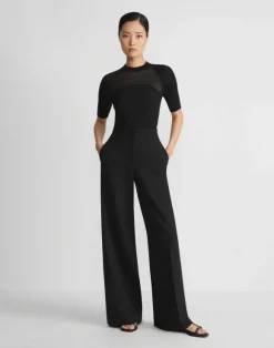 Merino-Silk Ribbed Sheer Yoke Sweater