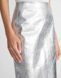 Metallic Crinkle Leather Pencil Skirt
