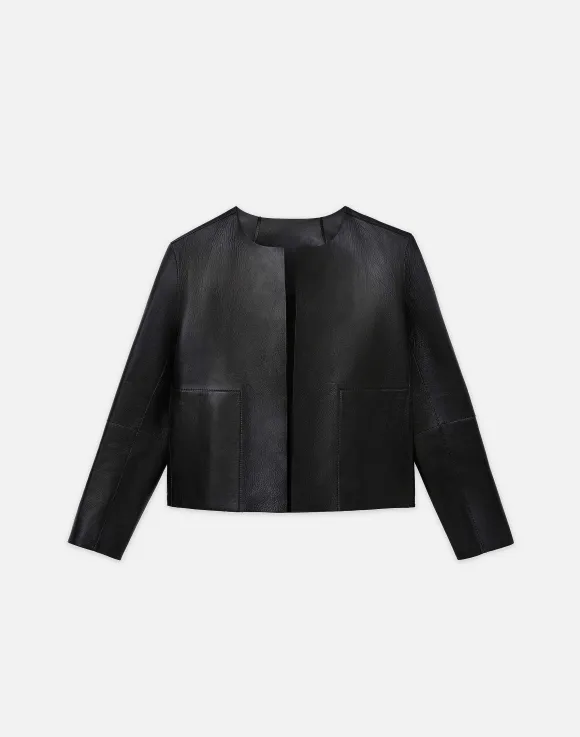 Nappa Leather Collarless Open Front Jacket