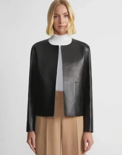 Nappa Leather Collarless Open Front Jacket