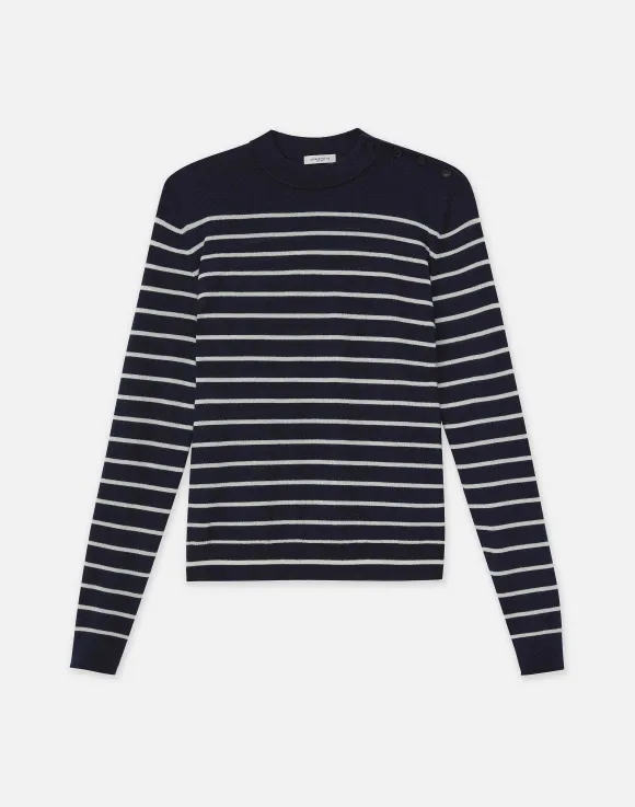Naval Stripe Cashmere Button Shoulder Sweater