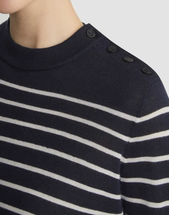 Naval Stripe Cashmere Button Shoulder Sweater