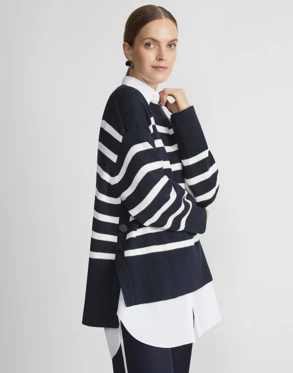 Naval Stripe Cotton-Silk Button Side Sweater