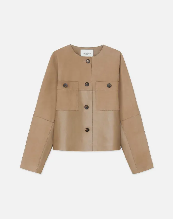Nubuck Suede & Leather Collarless Jacket