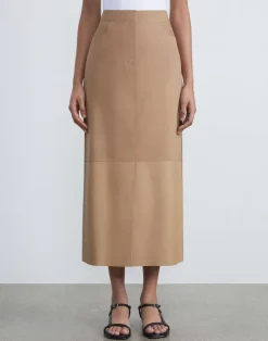 Nubuck Suede & Nappa Leather Two-Tone Midi Skirt