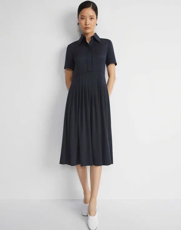 Organic Silk Stretch Georgette Pleated Shirtdress