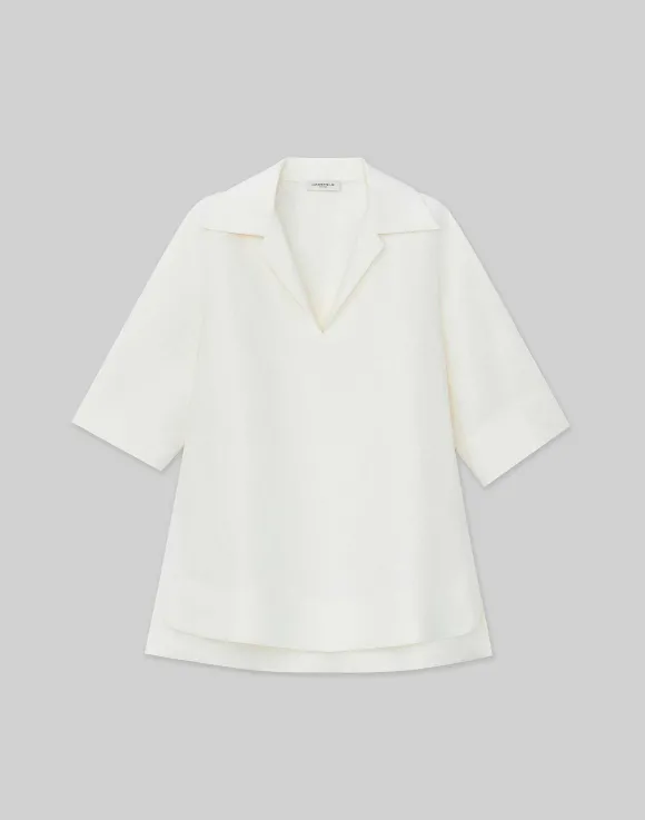 Silk-Linen Collared Popover Blouse