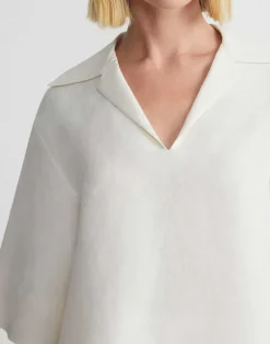 Silk-Linen Collared Popover Blouse
