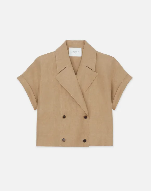 Silk-Linen Double Breasted Cropped Shirt Jacket