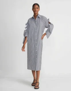 Stripe Cotton Poplin Button Sleeve Oversized Shirtdress