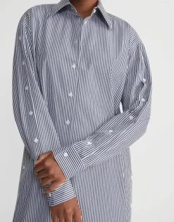 Stripe Cotton Poplin Button Sleeve Oversized Shirtdress